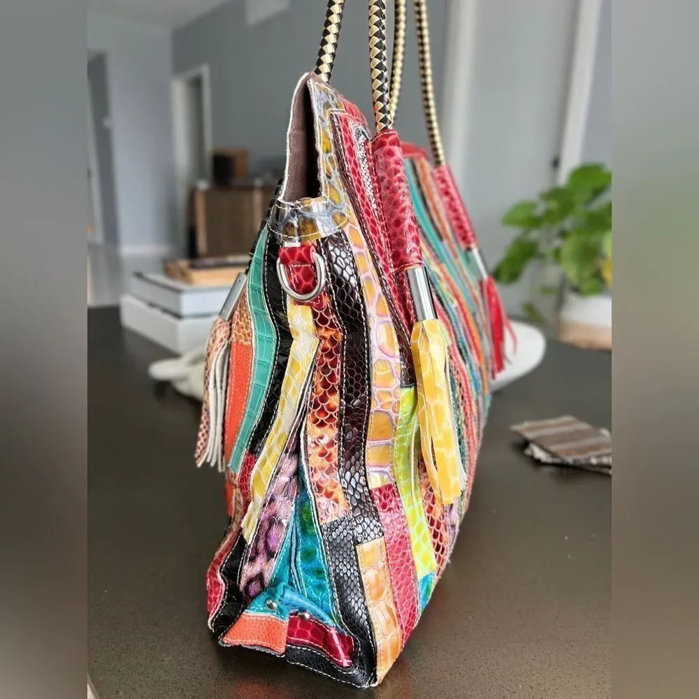 Retro Multicolor Leather Patchwork Handbag with Braided Handles - Picture 2 of 8